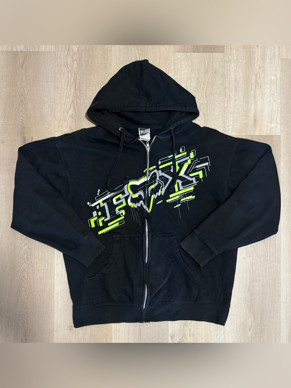 Y2K Fox Black Hoodie with Neon Green Graphic Zip Front